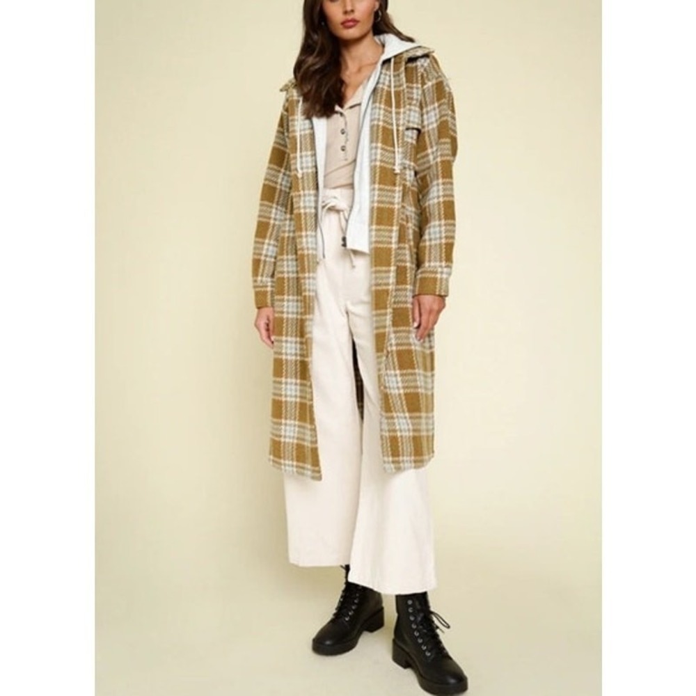 Hooded Plaid Shacket Longline Button Coat Jacket Indie Oversized Grunge MEDIUM